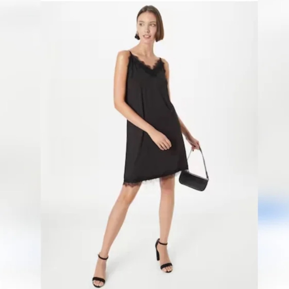 Rebecca Minkoff Black Satin Slip Dress with Lace V-Neck Size Medium Midi